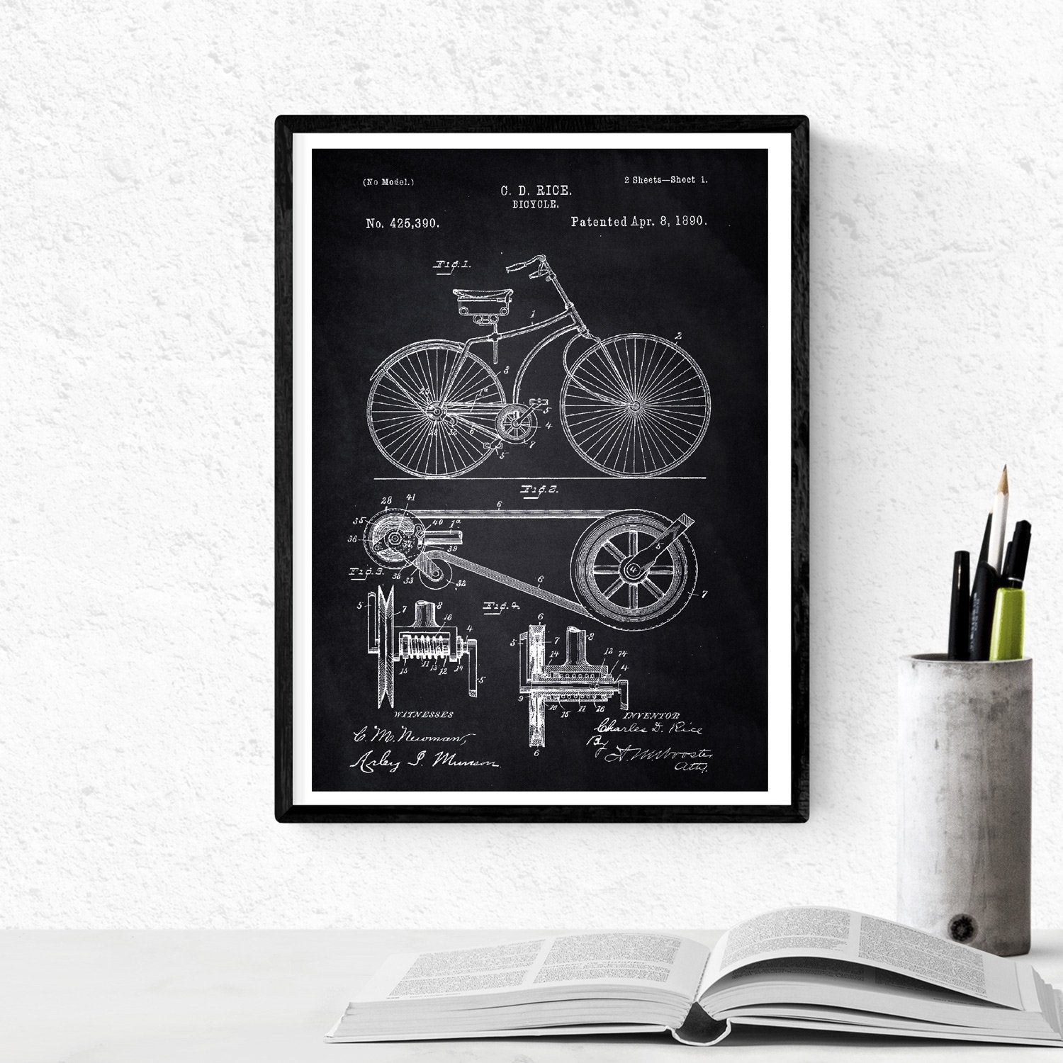 Poster con patente de bicicleta. lámina con diseño de patente antigua marco negro - a4