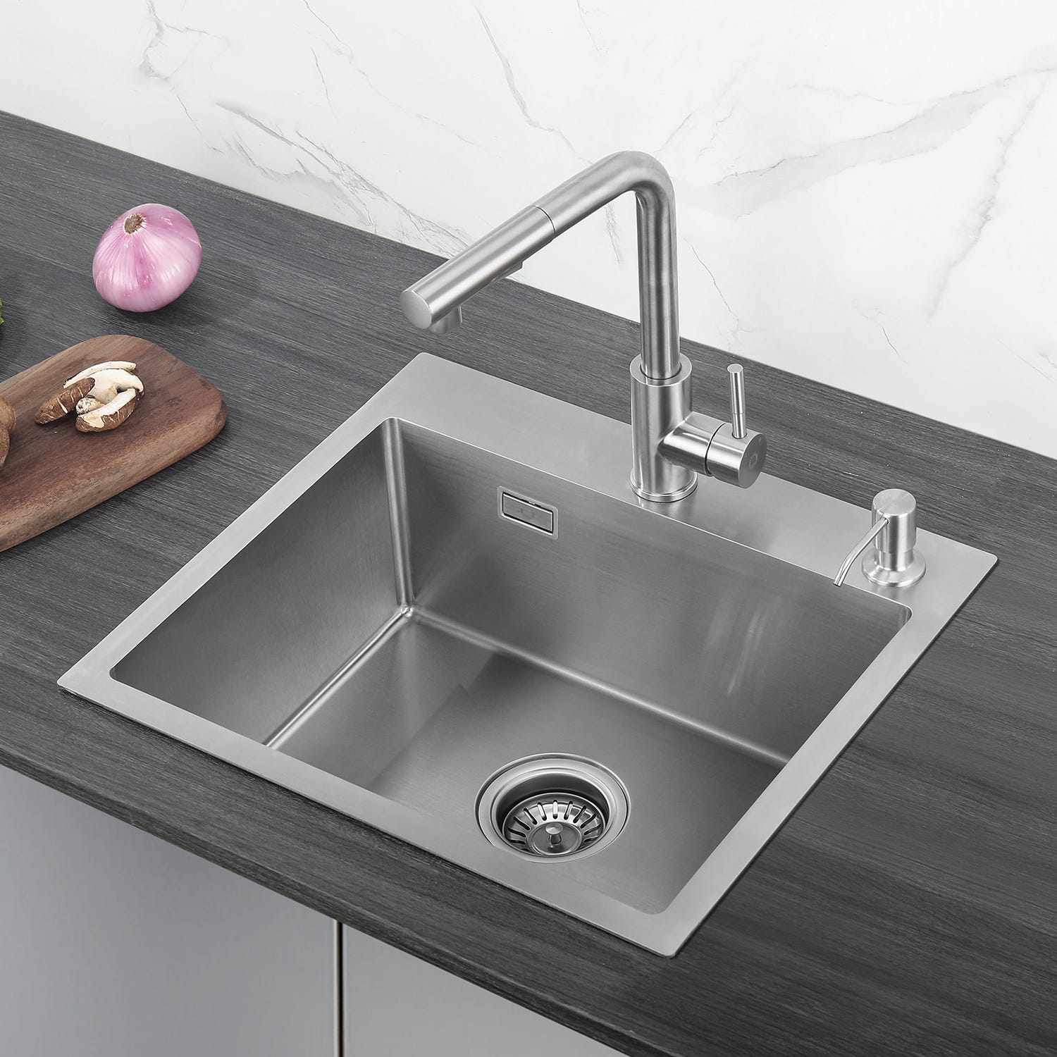 Évier De Cuisine En Acier Inoxydable 50x40x20cm - 1 Bac Avec Raccords De Vidange - Encastré Ou Sous-Plan - Finition Argent Brossée