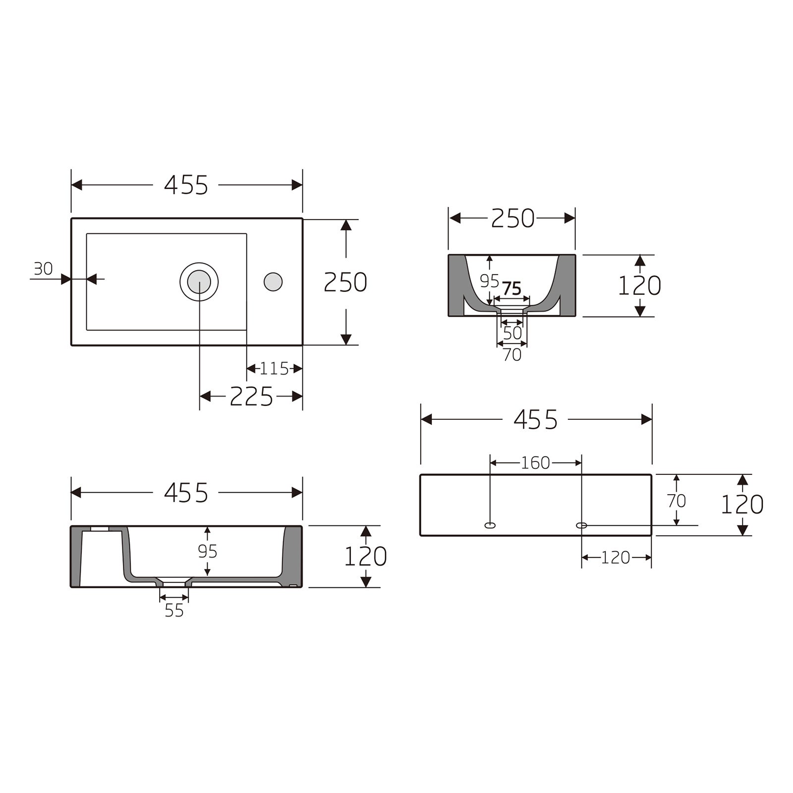 BERNSTEIN - Lave-mains en céramique sanitaire KW302 - 45,5x25x12cm - blanc brillant Sans bonde, Rangement gauche - 3