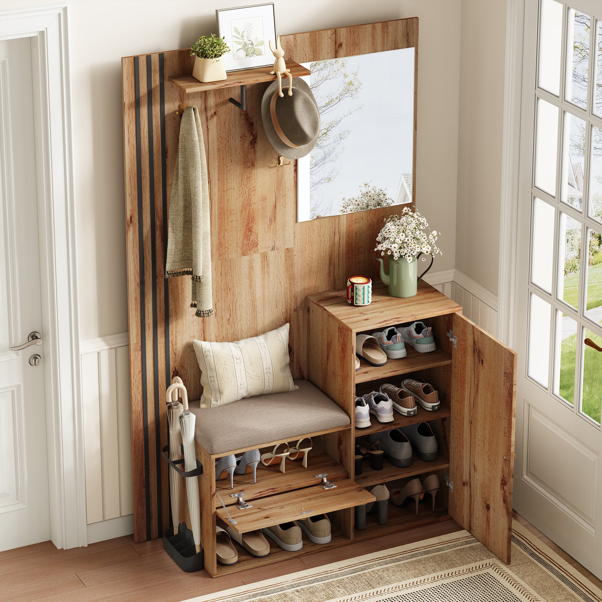 Ensemble vestiaire d'entrée 115x37x185 cm - avec miroir et crochets - acec siège rembourré - Porte-parapluie - Naturel - 2