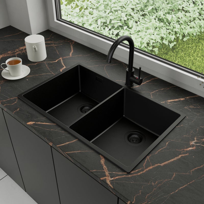 Zlewozmywak Granitowy 76x47cm, do szafki od 80cm + Bateria + Syfon - Agate Cały Czarny STONESTYLE