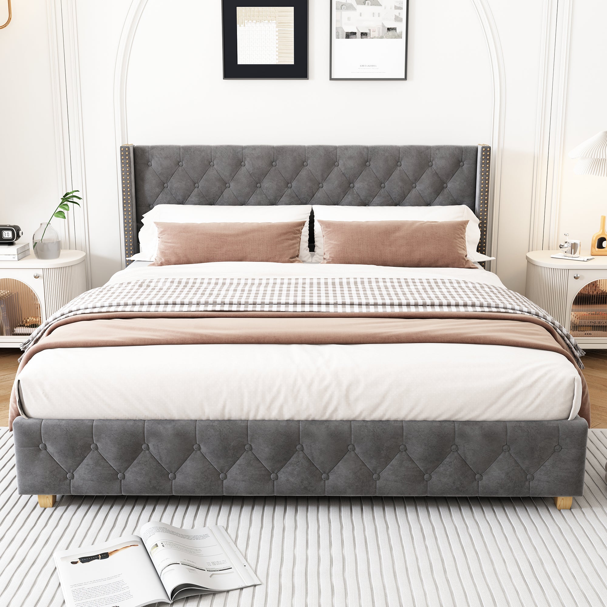 Lit Double 140x190 cm - Lit Classique Gris en Velours avec 12 Lattes - Sans Matelas, 2 Paquets - 3