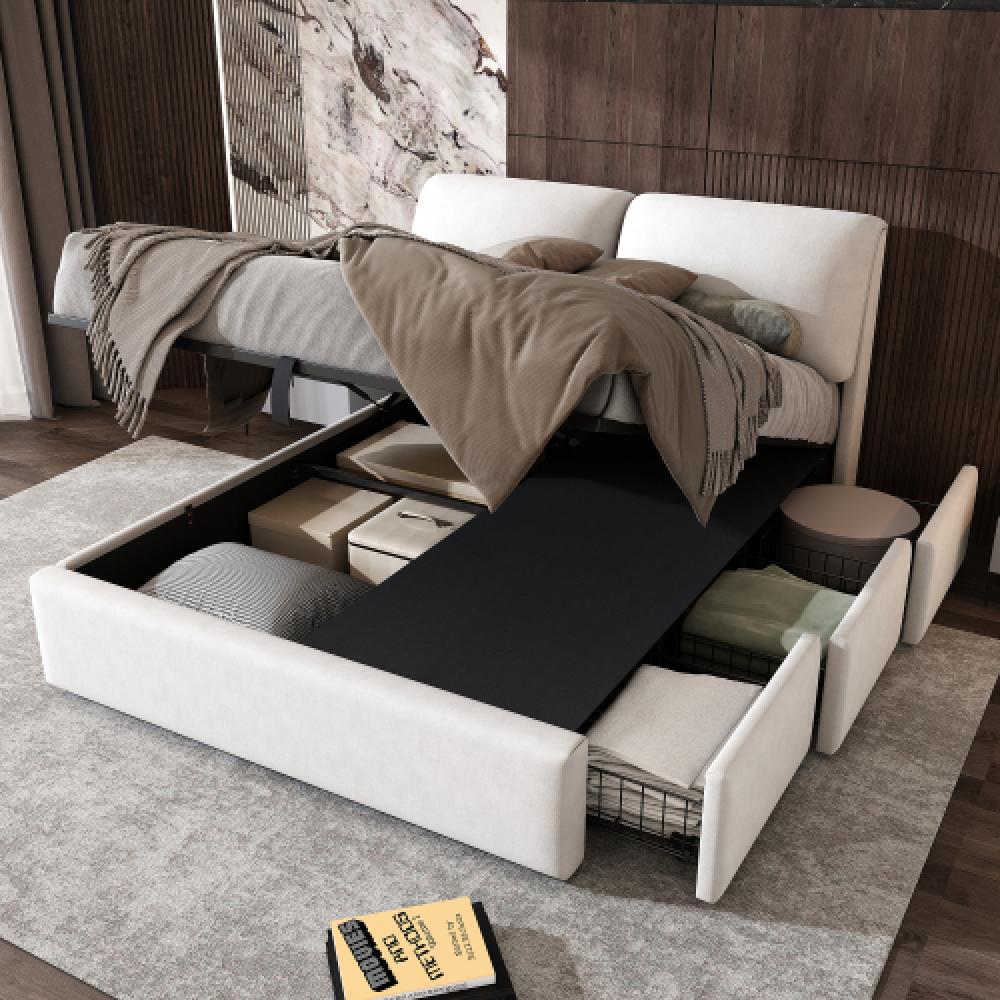 Łóżko materiałowe 140x200 z hydraulicznym schowkiem, 3 szufladami, regulowanym zagłówkiem, ramą łóżka, eleganckim aksamitem