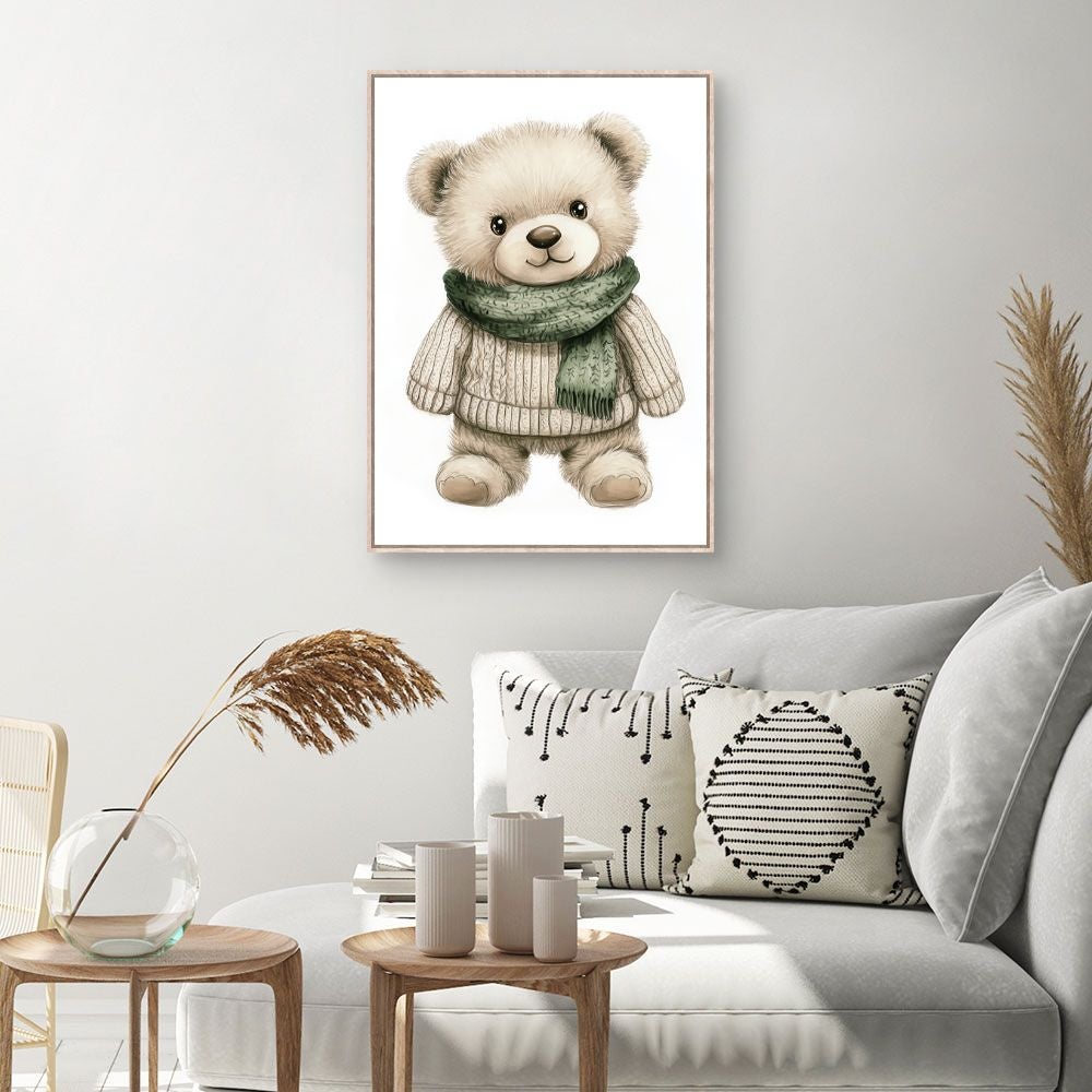 Tableau imprimé et encadré pour enfants 'Ourson douillet' / 60x90cm / Cadre Effet naturel / Fabriqué en France / Toile murale / DADA ART - 2
