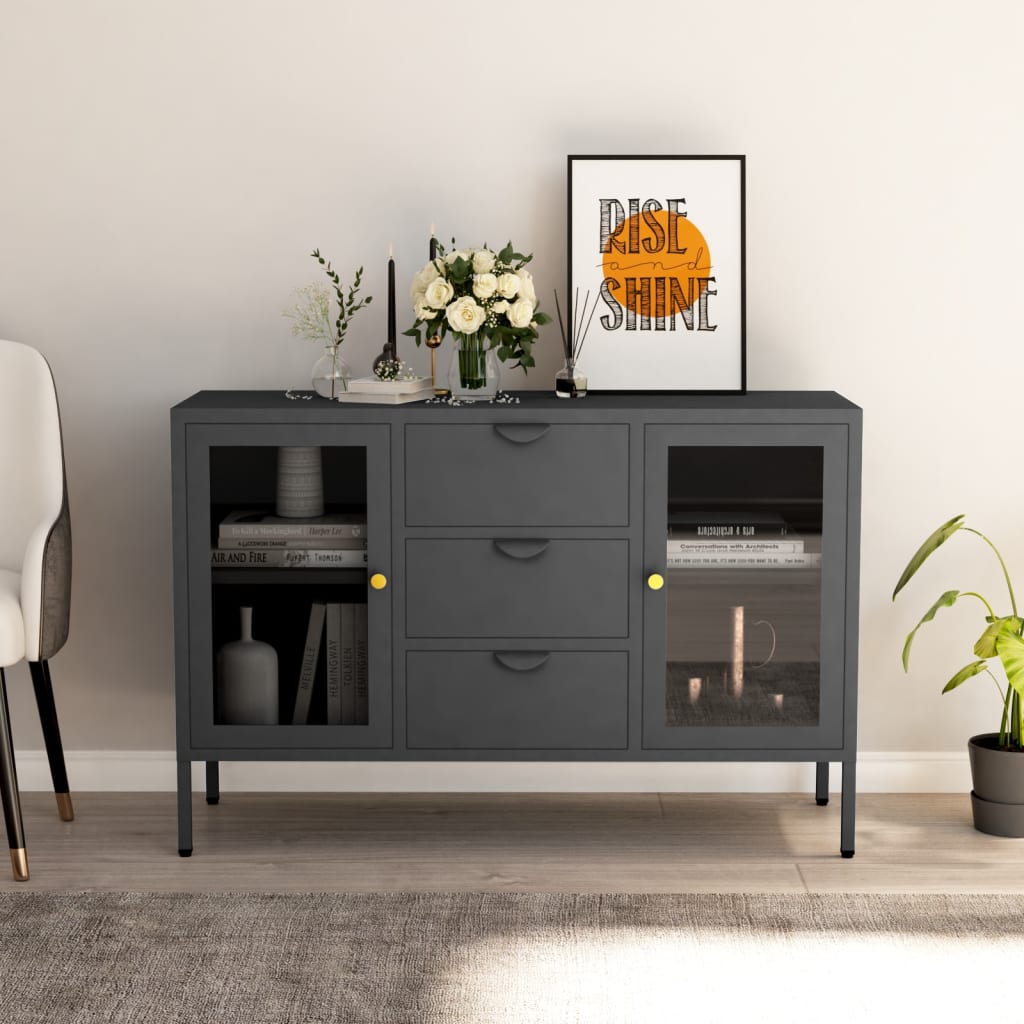 Buffet Moderno 95x35x83 Cm Nero - Con Ante Lucide E Ripiani In Vetro, Per Soggiorno O Sala Da Pranzo