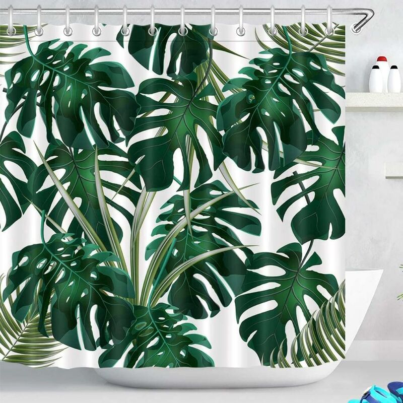 180X200 cm Ciemnozielona zasłona prysznicowa Monstera Liście Wodoodporna Antypleśniowa Biała poliestrowa zasłona łazienkowa