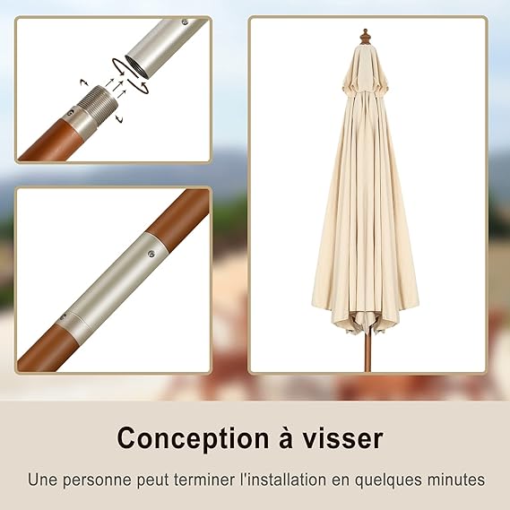 parasol inclinable ø2,7m toile polyester imperméable avec cordon de serrage 8 baleines ventilation pour jardin cour beige - 3