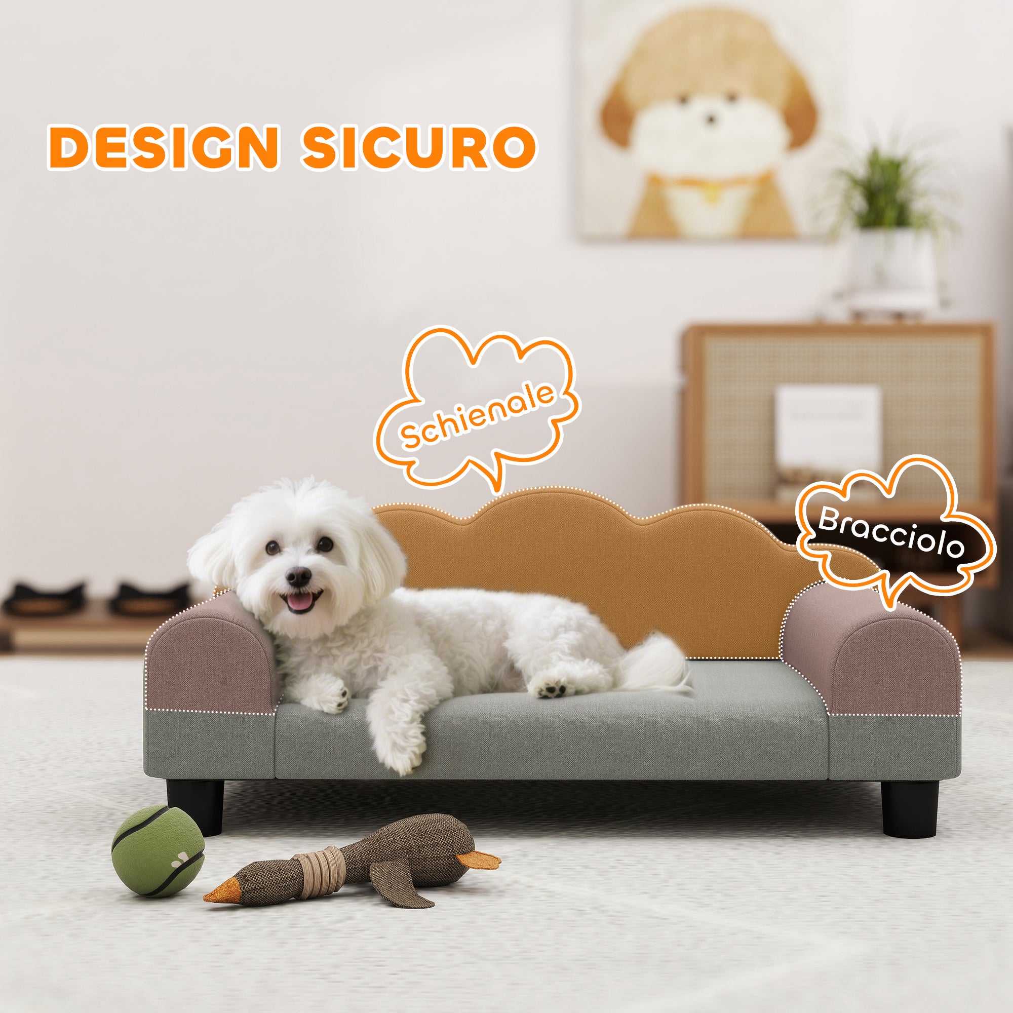 PawHut Divano per Cani con Braccioli di Supporto, in Legno e Tessuto French Terry, 66x42x28.5 cm, Grigio - 5