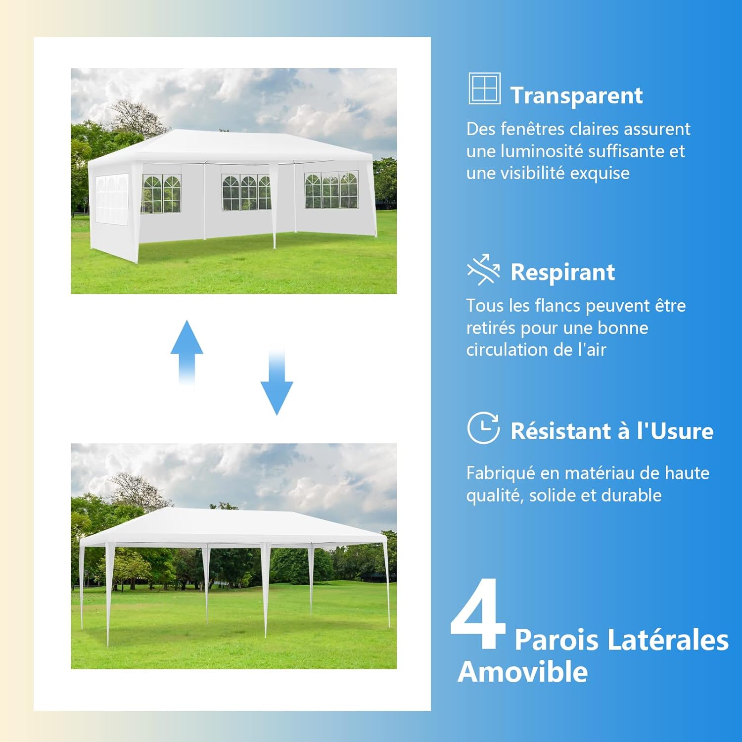 3 x 6 m carpa de jardín con ventanas, tienda de recepción protección contra el sol y la lluvia, carpa de cenador para acampada (3x6m, 4 lonas - 3