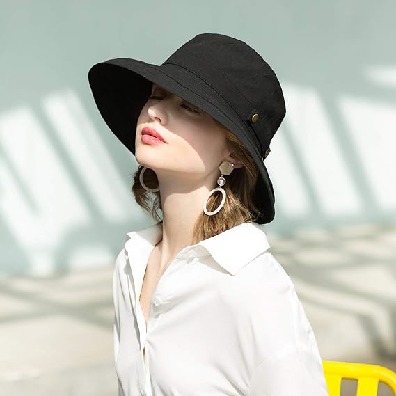 Chapeau de soleil femme en coton à larges bords, protection UV UPF50, rangeable, noir 25*20 cm - 3