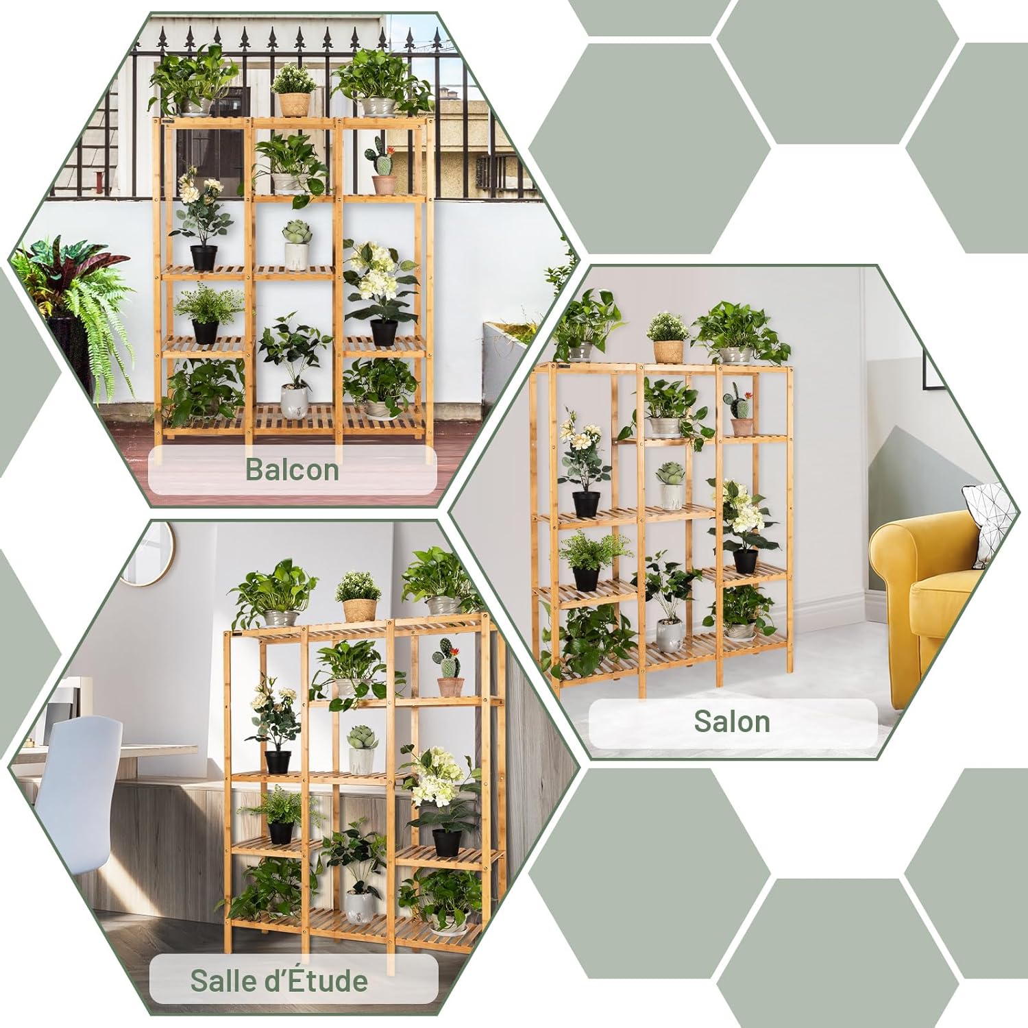 Support de pot pour Plantes en Bambou, Etagères à 5 Niveaux pour 12 Pots de Plantes,pour Salon, Balcon, Jardin, Terrasse, 114 x 31,5 x 141 cm - 8