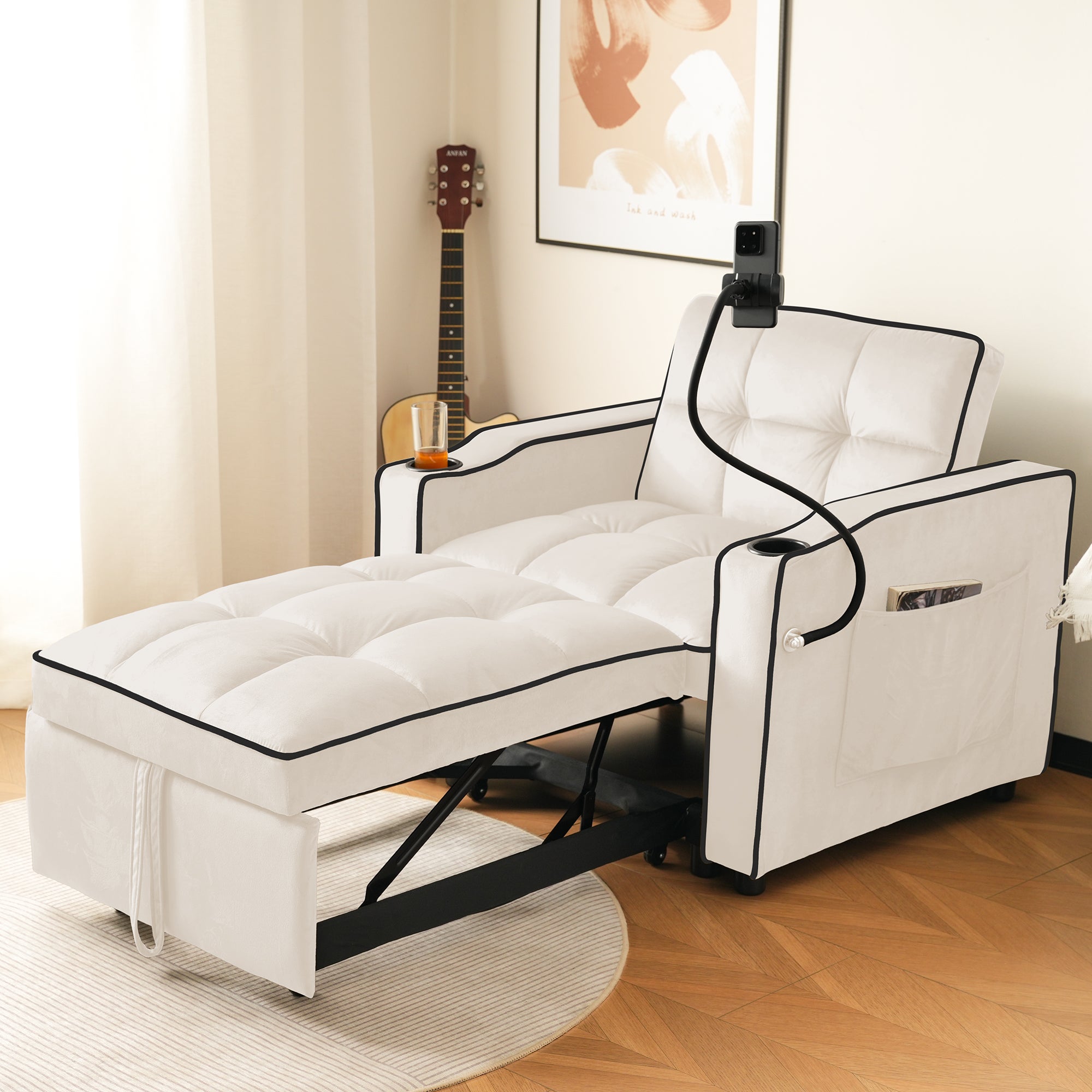 Canapé-Lit Gigogne 3 En 1 Avec Ports USB - Inclinable, Convertible En Lit - Noir - Idéal Studio/Petits Espaces - 4