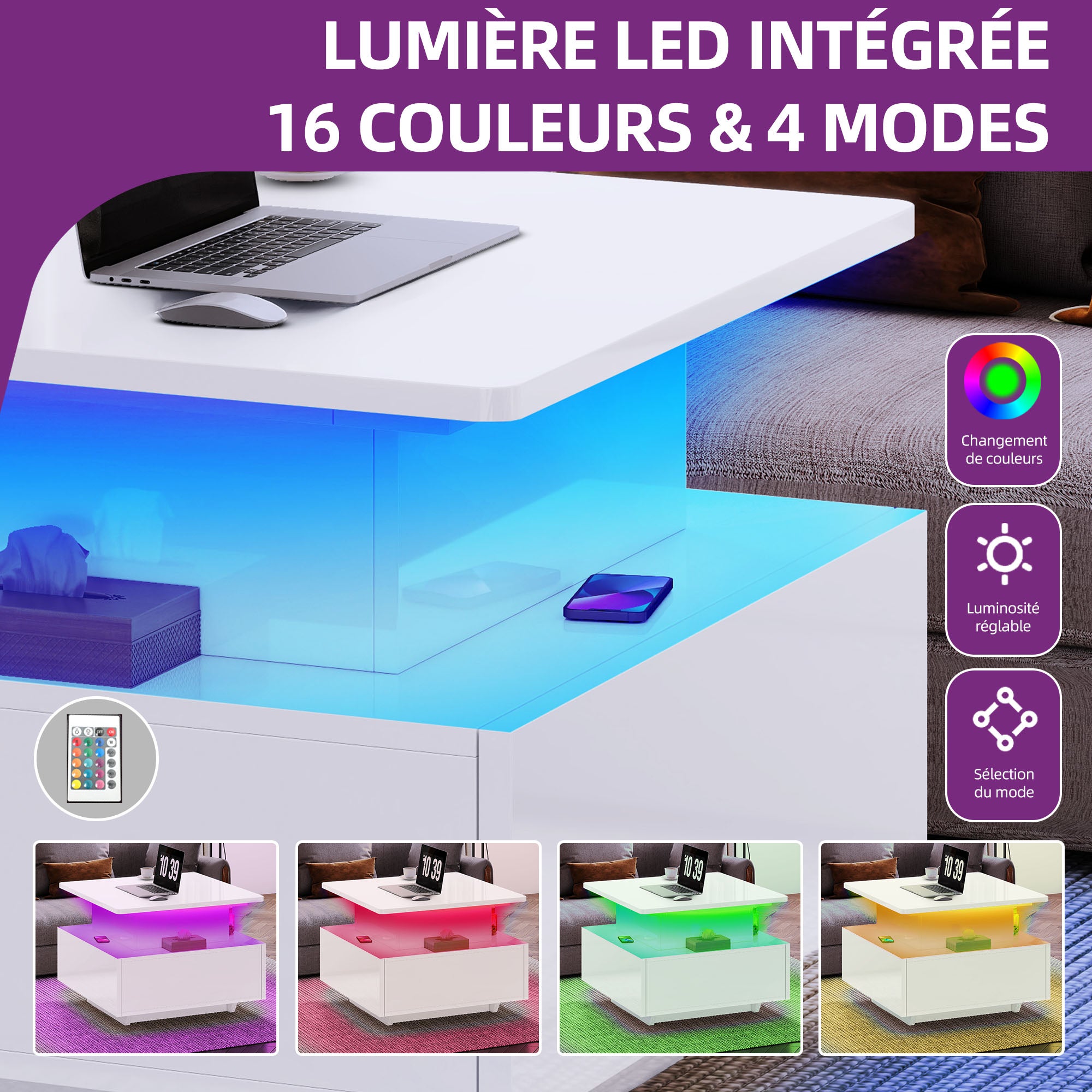 Balconera Table basse avec plateau relevable, 60 x 60 x 45 cm, finition laquée brillante, guirlande lumineuse LED et 2 tiroirs - 3