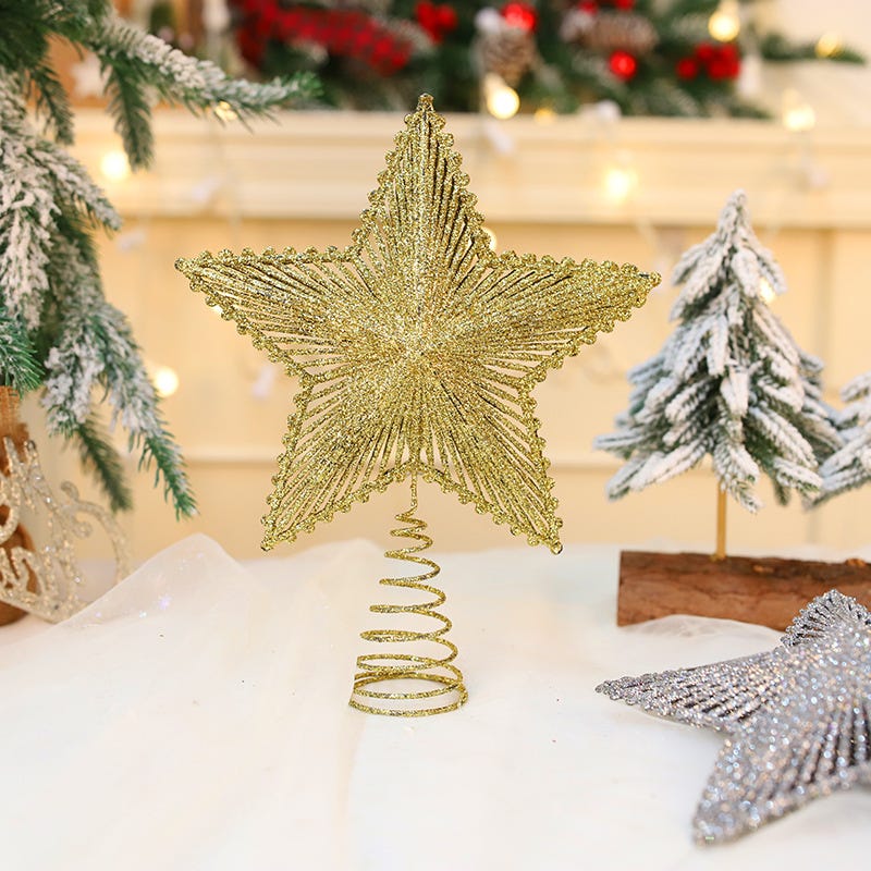 Puntale Per Albero Di Natale Stella Metallica Con Glitter Oro - 20x25 Cm, Vuoto, Per Decorazioni Natalizie Fai Da Te