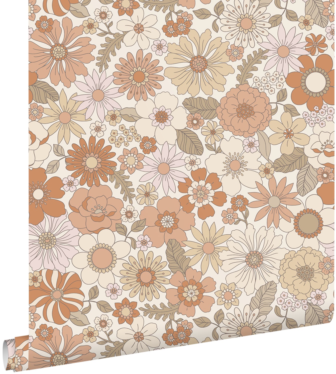 Tapeta retro kwiaty terakotaIjasnego beżu - 53 cm x 10.05 m - ESTAHOME