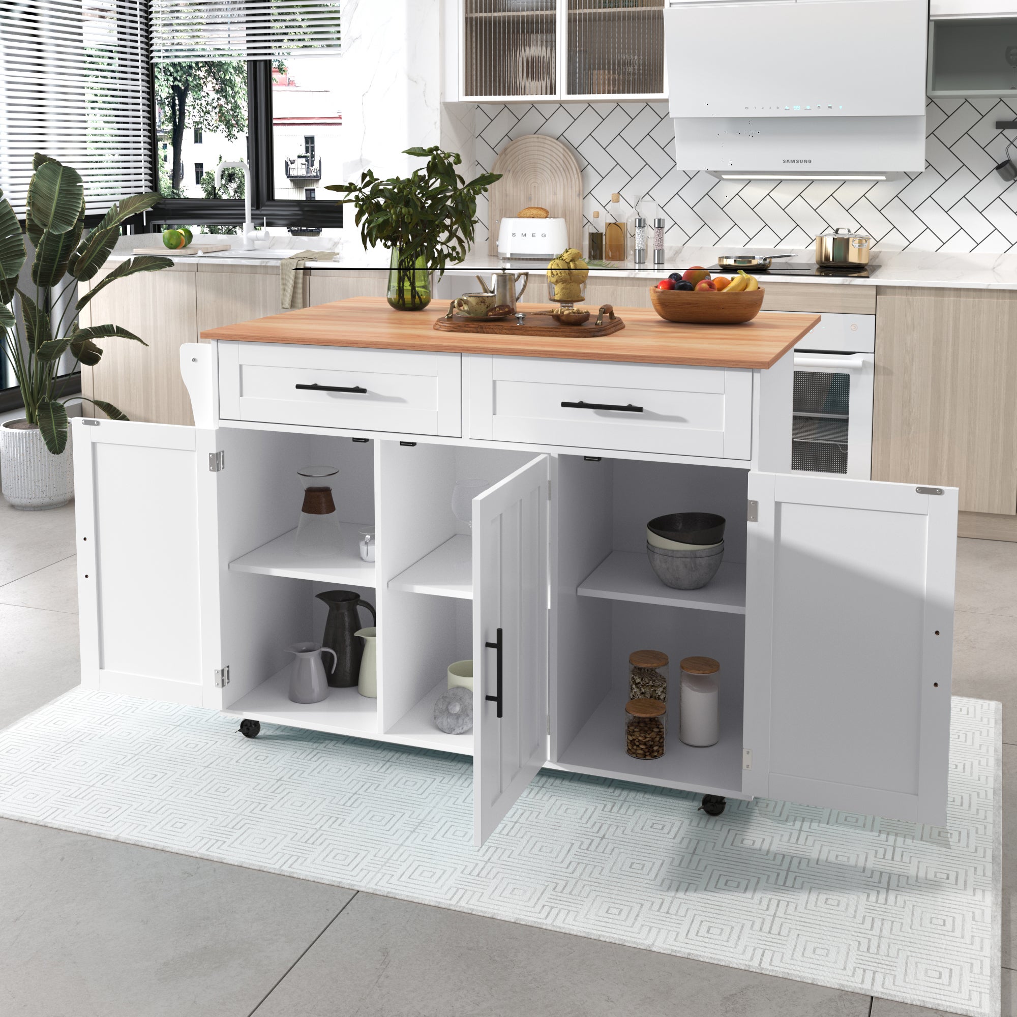 Mobilna wyspa kuchenna z 3 drzwiami i 2 szufladami - Wysuwany blat - 129x46/71x91,5 cm - MDF - Biały