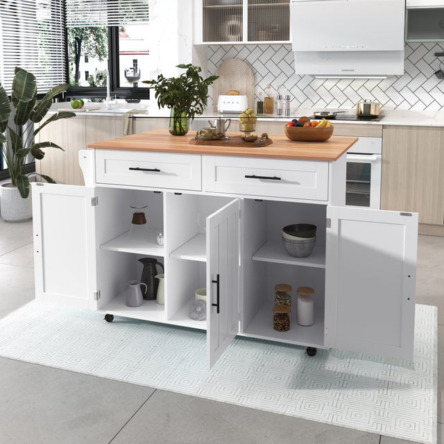 Mobilna wyspa kuchenna z 3 drzwiami i 2 szufladami - Wysuwany blat - 129x46/71x91,5 cm - MDF - Biały
