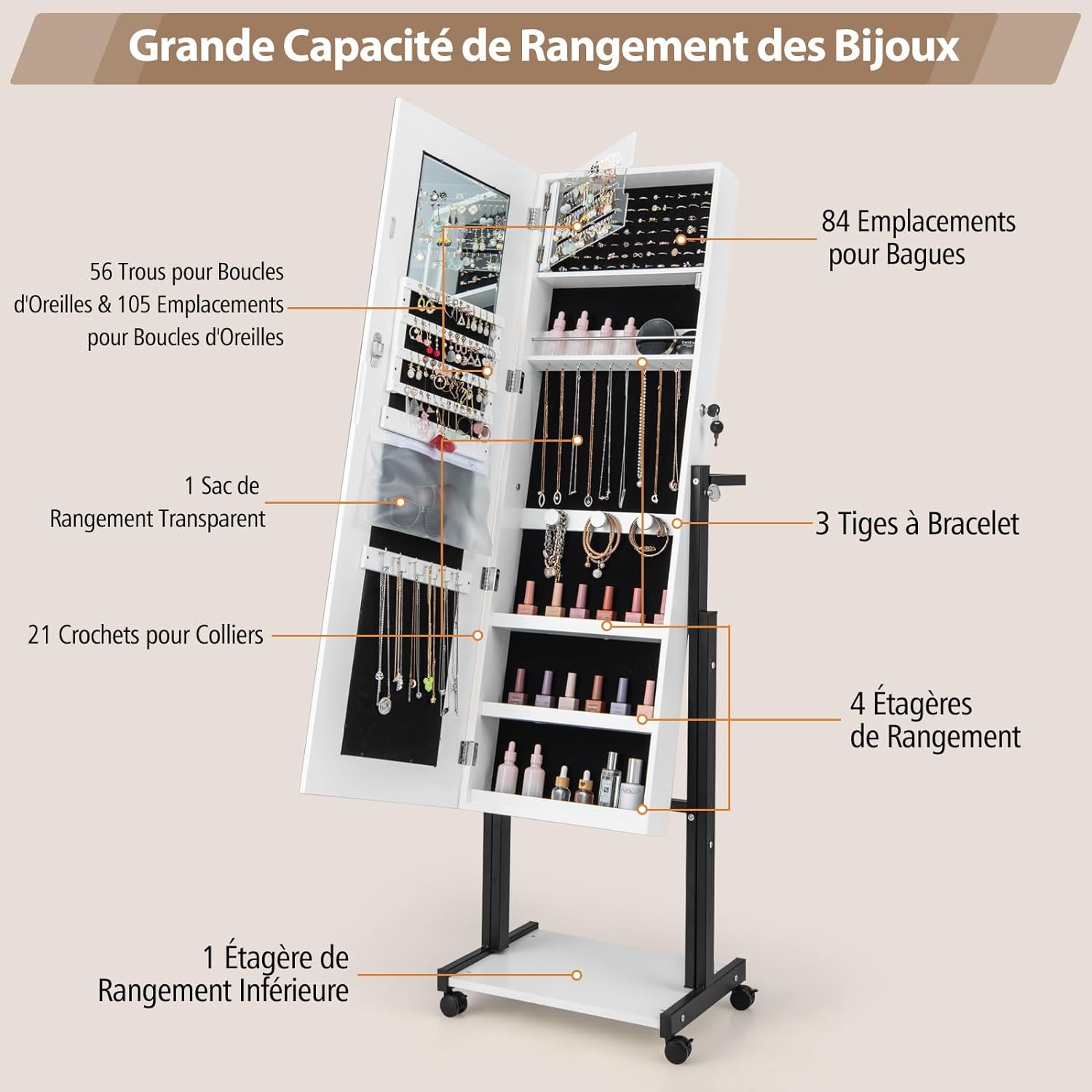 Armoire à Bijoux Miroir Pleine Longueur avec LED Réglable en Hauteur et en Angle-Roues Universelles et Porte-manteau, Blanc - 3