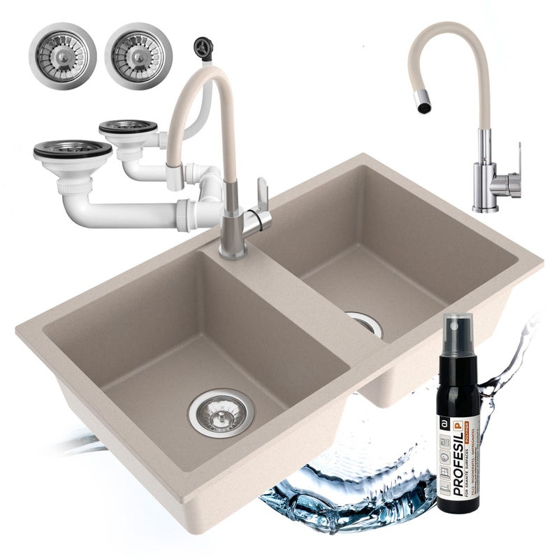 Zlewozmywak dwukomorowy Prado w zestawie z syfonem przyściennym i baterią elastyczną Ruben