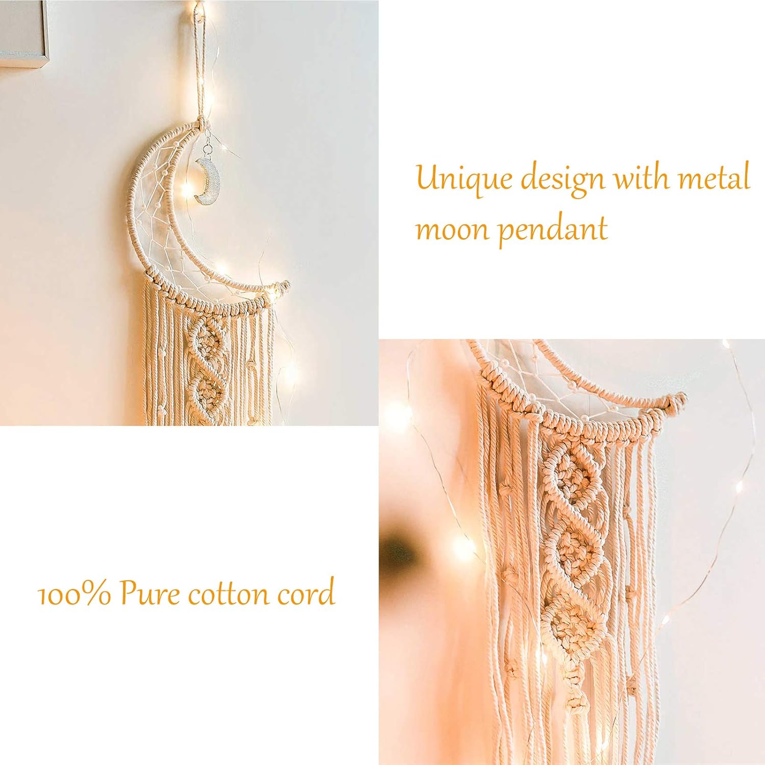 Attrape-rêves Lune Étoile, Lot de 2, Décoration murale bohème en macramé, idéal pour la chambre d'enfant ou de bébé, à offrir aux - 3