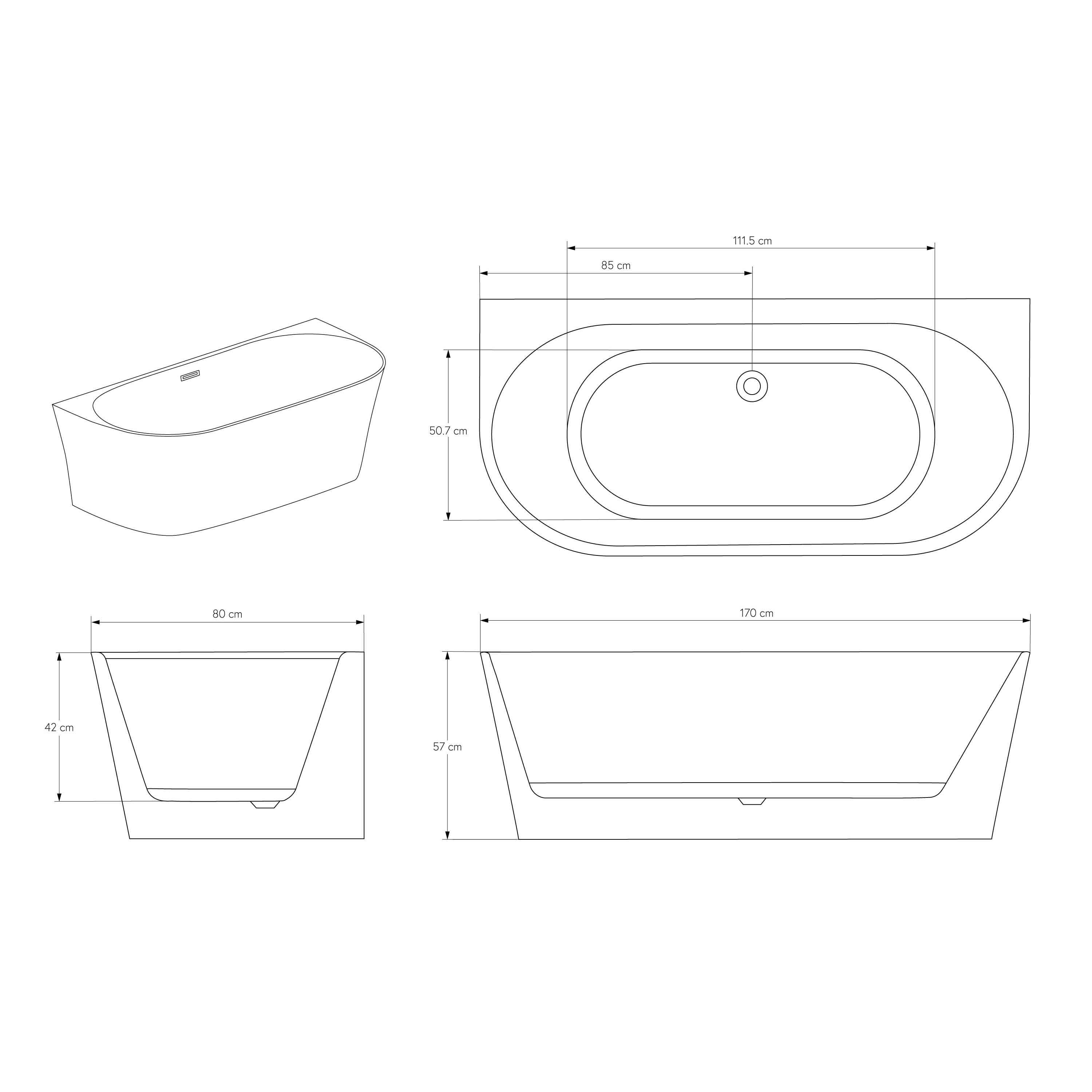 BERNSTEIN - Baignoire droite semi-îlot murale ovale acrylique salle de bain, isolation thermique - Blanc - 170x80x57cm - Garantie 5 ans - NORA - 5
