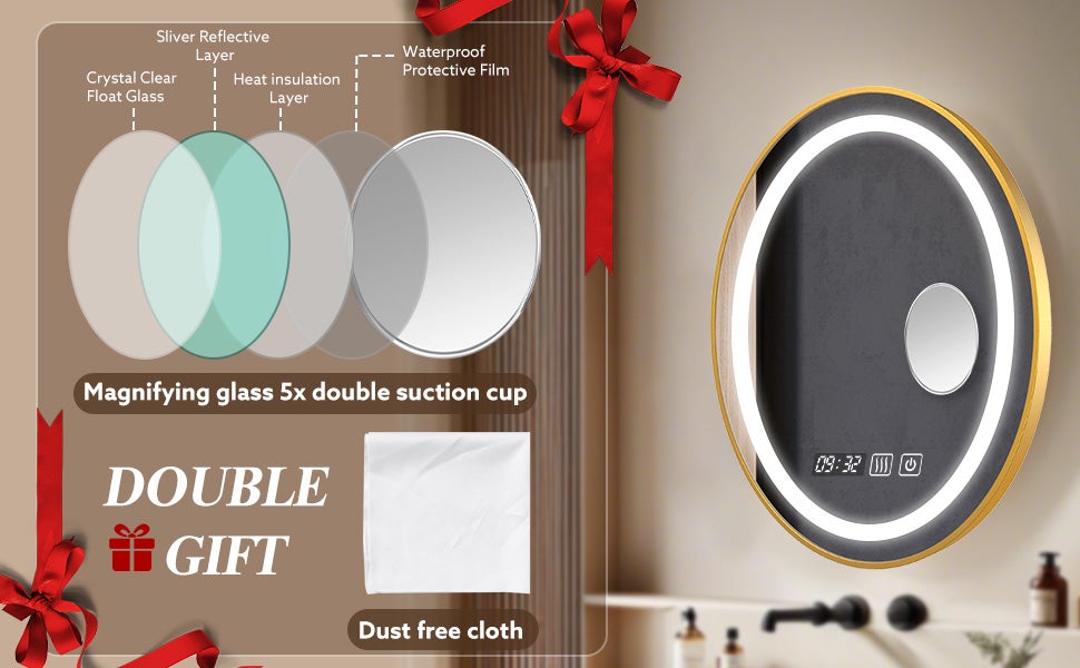 Miroir salle de bain LED 60x60cm anti buée à luminosité variable avec cadre doré - Eclairage 3 Couleurs - Miroir mural tactile à LED - 7