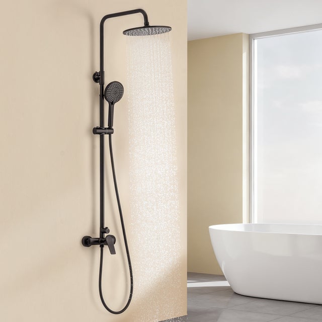 Sistema ducha con grifo mezclador latón,columna ducha altura ajustable,cabezal de ducha redondo de 25 cm y ducha mano 3 chorros,inoxidable,negro.