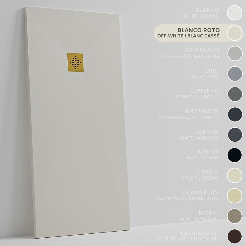 SOULHOME Brodzik prysznicowy– Żywica– Gel Coat– Gładka/Kamienna tekstura – Antypoślizgowy – złamana biel – 110X75- Niski 3 cm– Ruszt Złoty