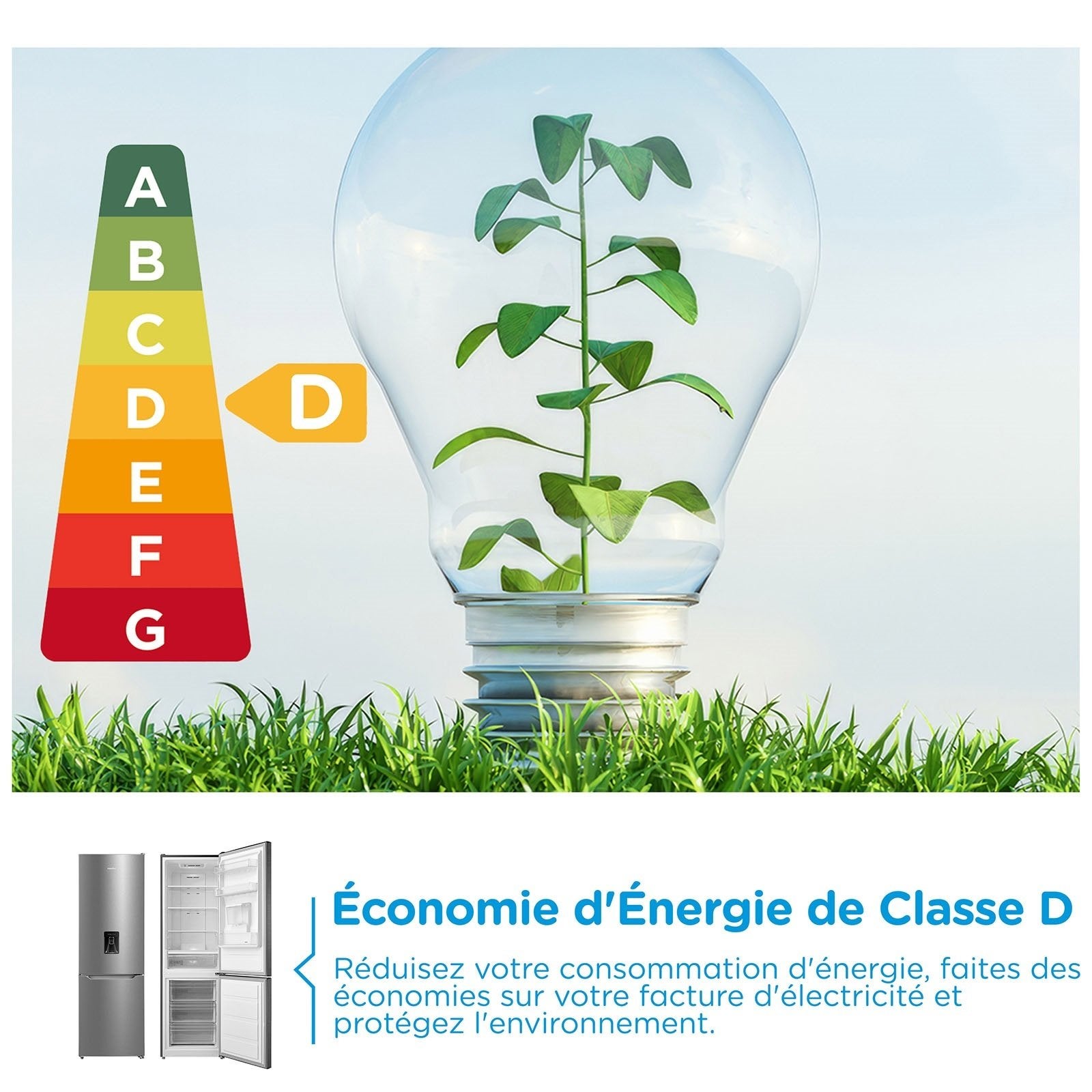 Réfrigérateur Combiné Congélateur Bas COMFEE - 308L - Classe D - Total No Frost (Sans givre)- L 63 cm x H 188 cm - Inox - 3