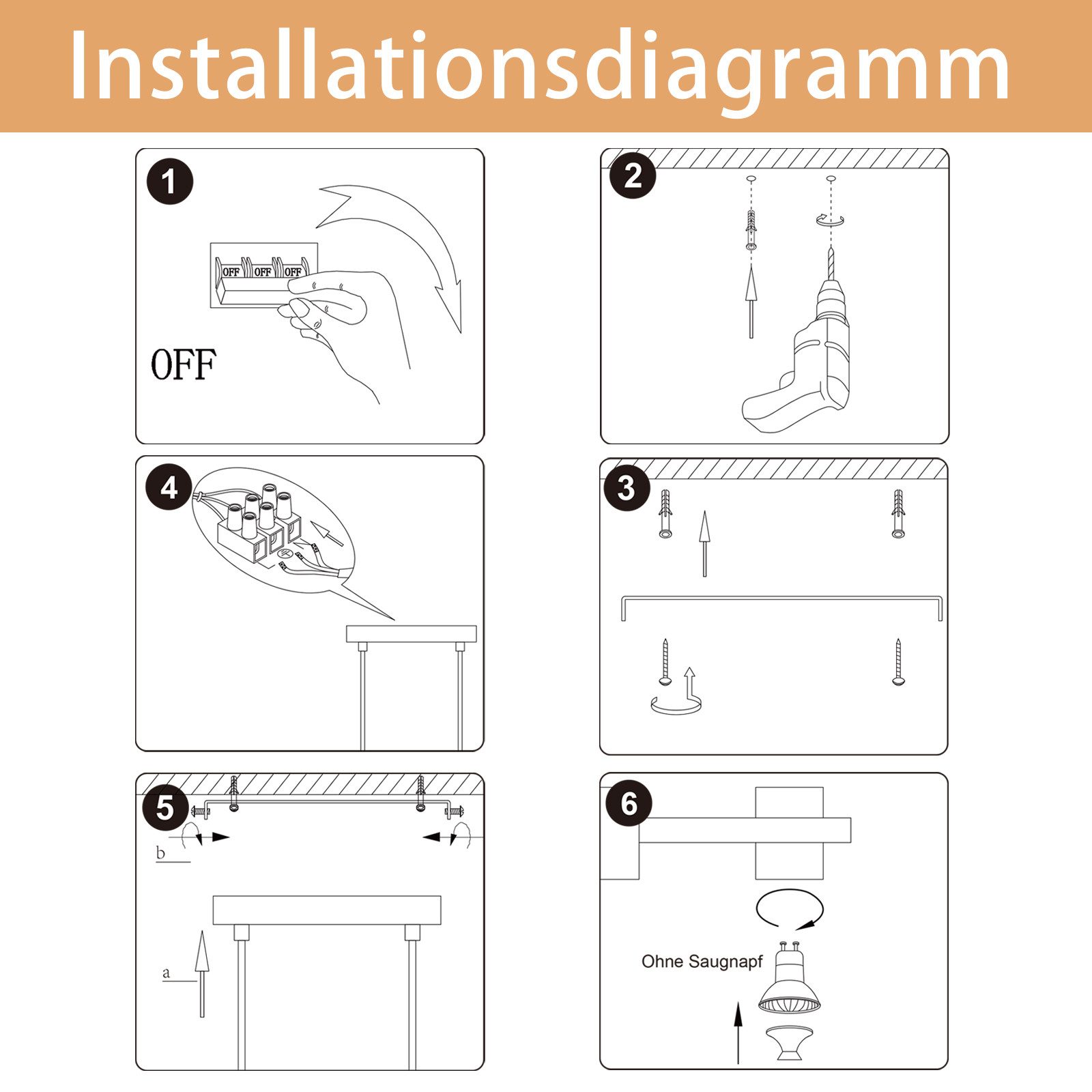NETTLIFE Candeeiro suspenso, Suspensão mesa de jantar candeeiro suspenso com 6 luzesâmpadas pretas GU10 metal industrial, 25 W, 2,5 cm - 6