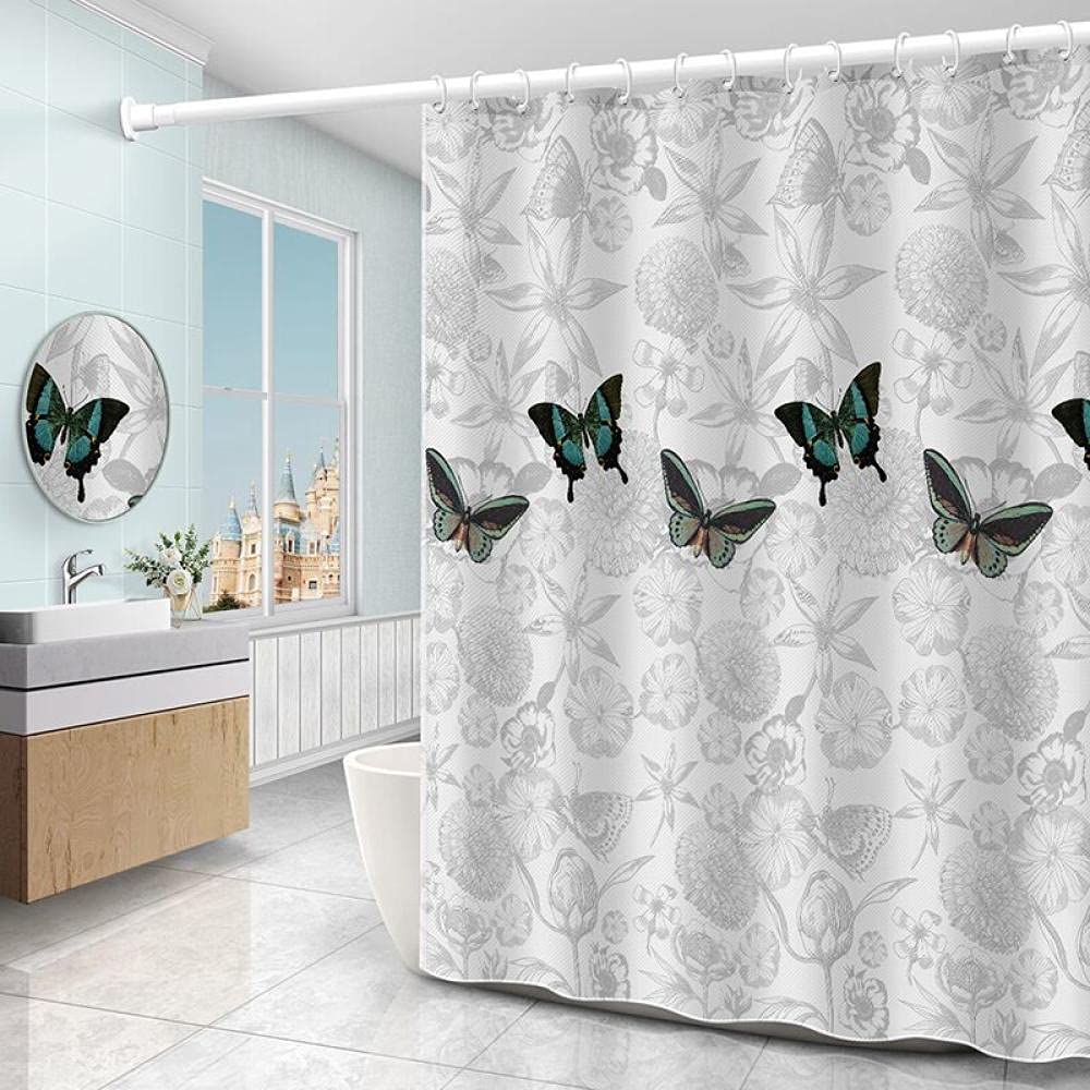 Nieprzemakalna i odporna na pleśń zasłona prysznicowa 180 x 180 cm, wisząca zasłona łazienkowa, wzór kwiatów i motyli, z 12 haczykami