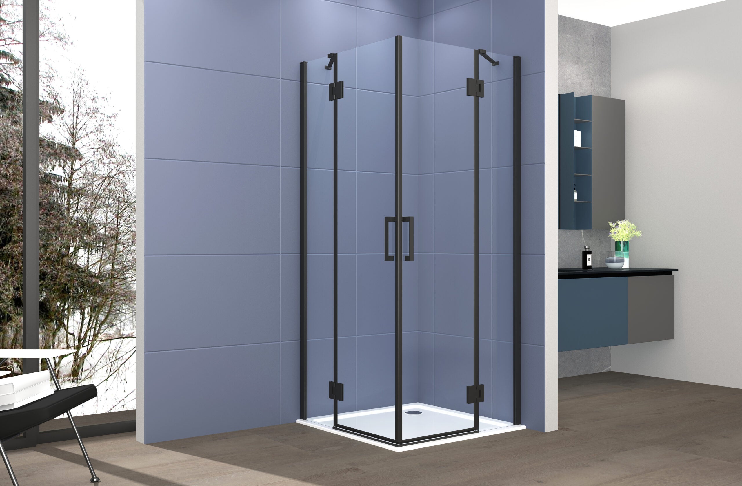Mampara de ducha de esquina 80x90 cm con dos puertas batientes, h200 cm, cristal transparente de 6 mm, perfil negro mate gioia