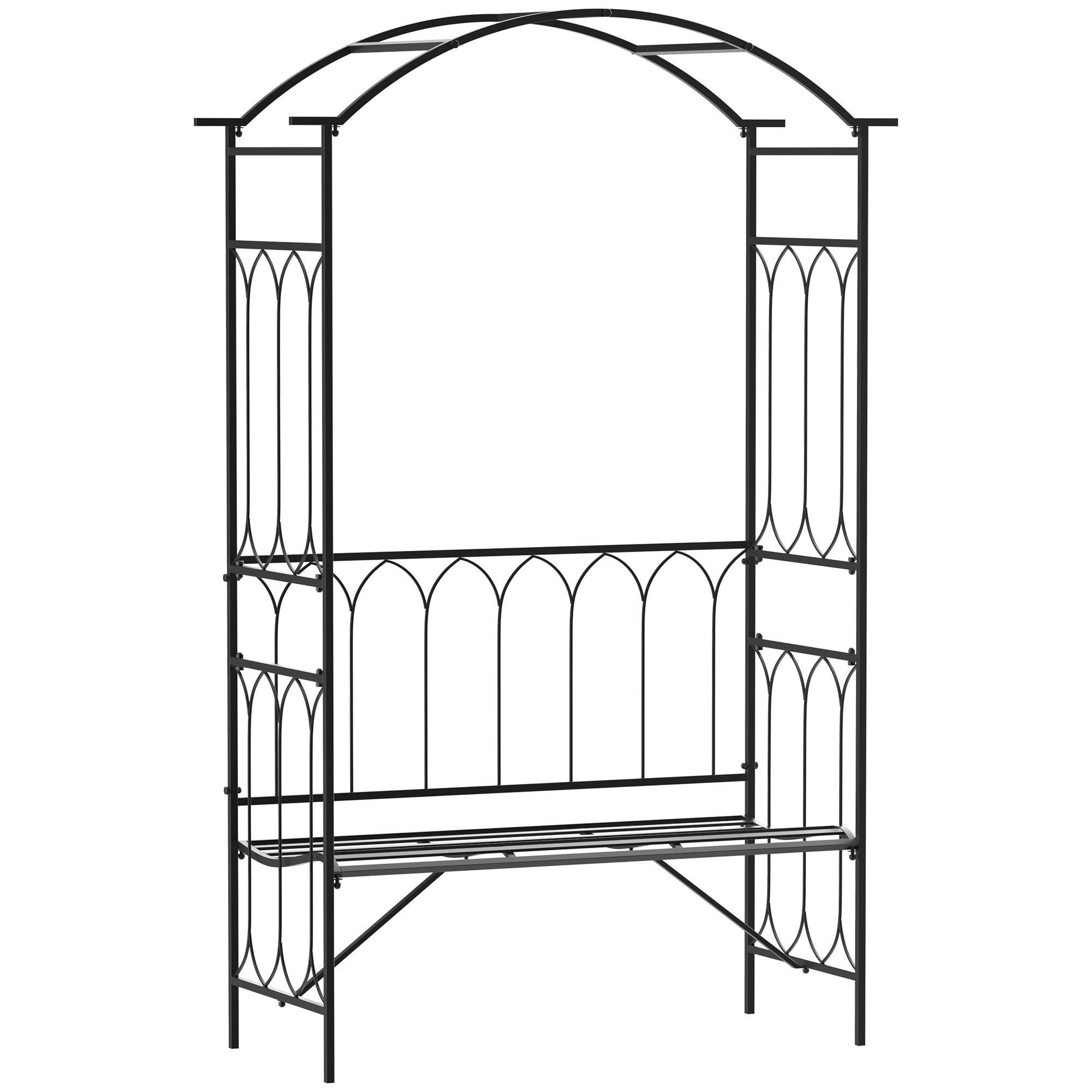 Arco de jardín metálico outsunny con banco integrado, soporte para plantas trepadoras y enrejado para rosas, 115 x 50 x 203 cm, negro.