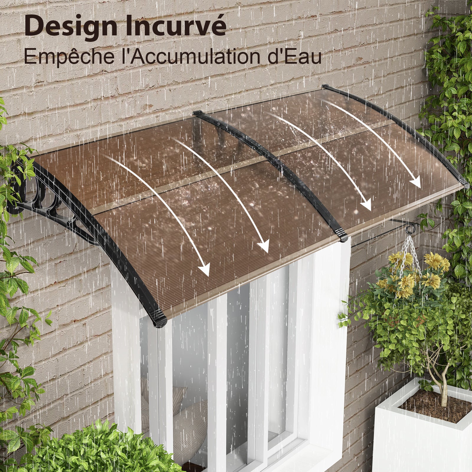 Toldo para porta de entrada 199 x 99 cm Proteção solar, marquise para porta e janela Placa em policarbonato Proteção contra chuva, castanho - 4