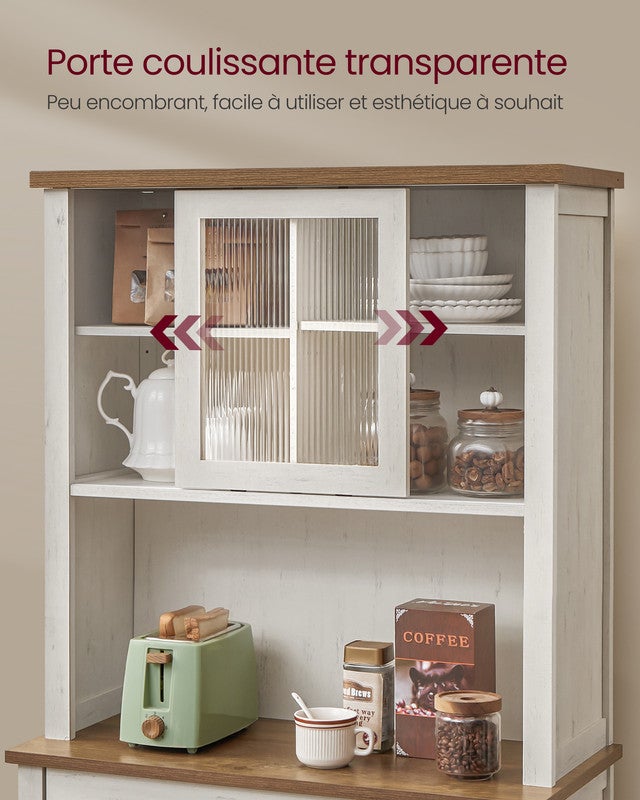 Meuble de Rangement avec Lumières et Chargeur, avec Portes et Tiroirs, Buffet, Meuble à café, Étagères Réglables, Style Campagne, Blanc Rustique - 6