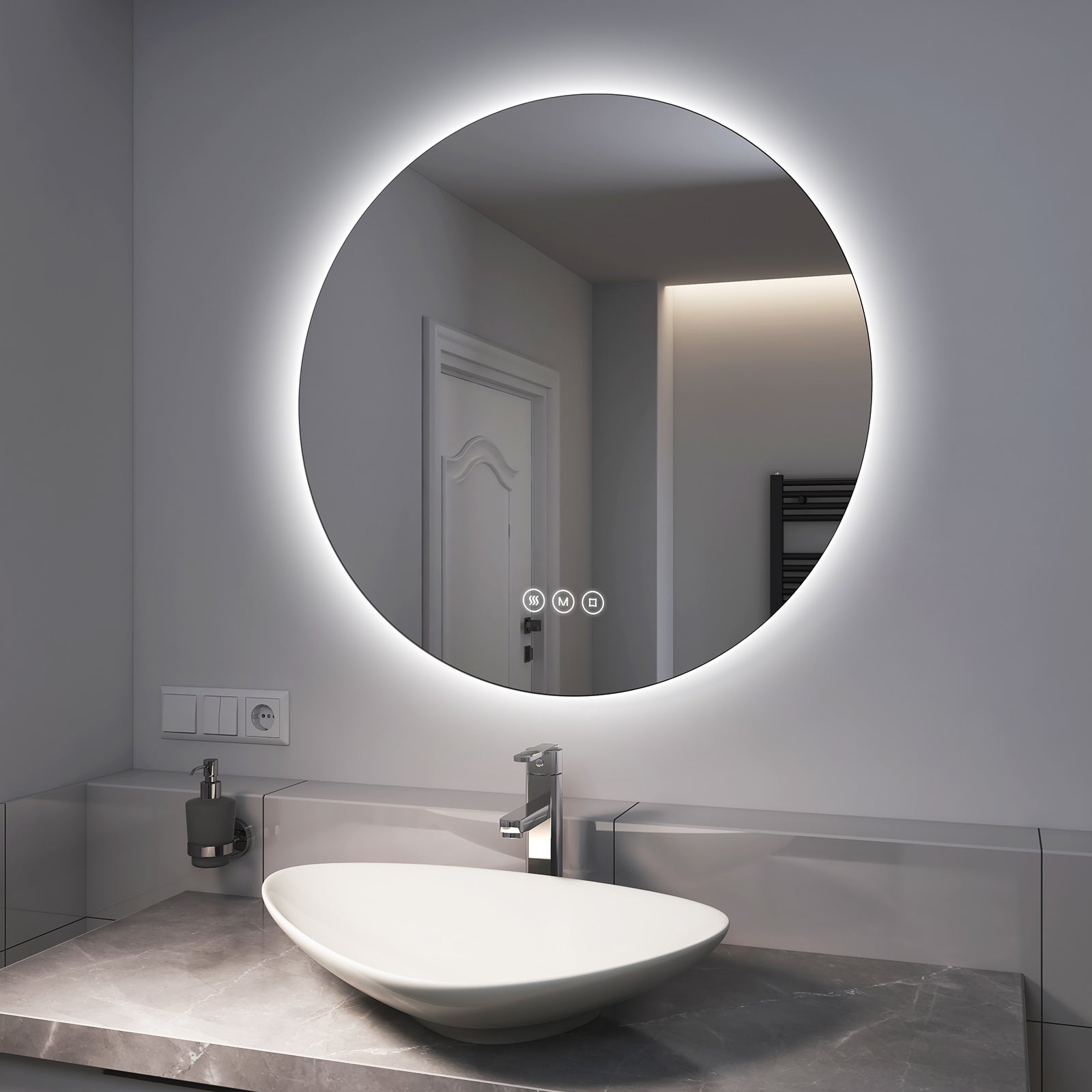 EMKE Okrągłe Lustro łazienkowe z oświetleniem LED 80 cm, z 3 barwy światła, możliwość ściemniania, przeciwmgielne, funkcja pamięci, IP44