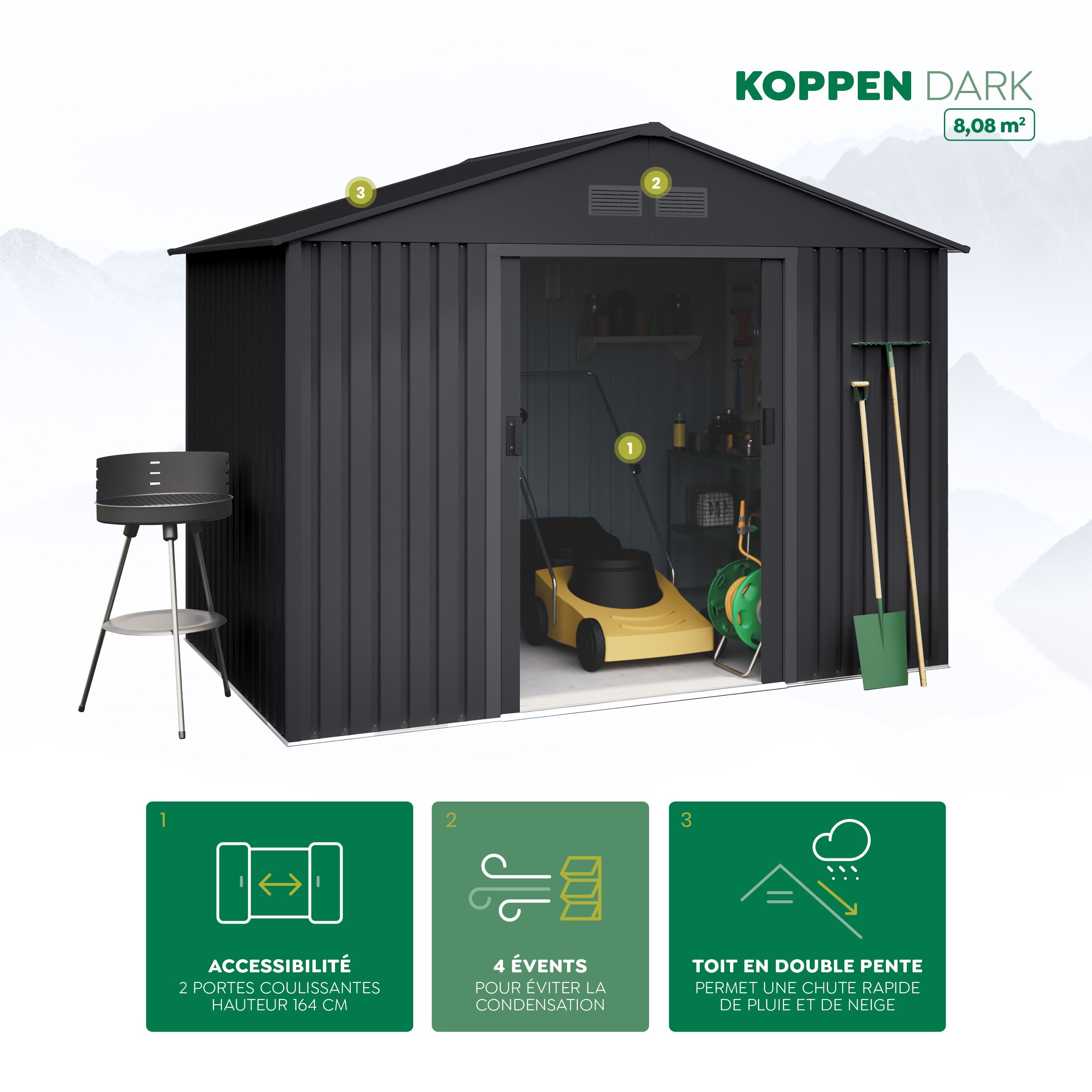 Abri de jardin en metal 8,08m2 Köppen Dark - Porte coulissante - Toit à deux pans - Remise exterieur - 3