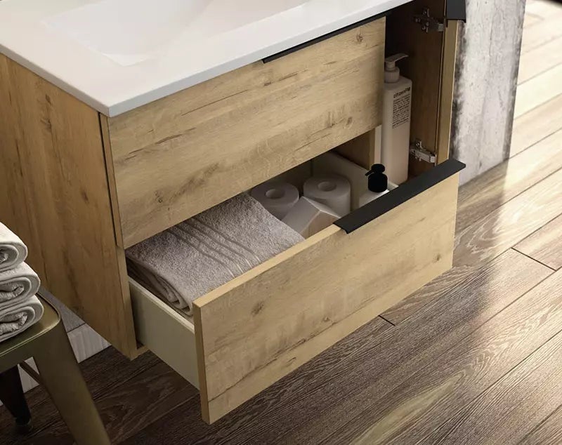 Meuble de salle de bain 80cm vasque centrée - 2 tiroirs - KING - Roble (chêne clair) - 3