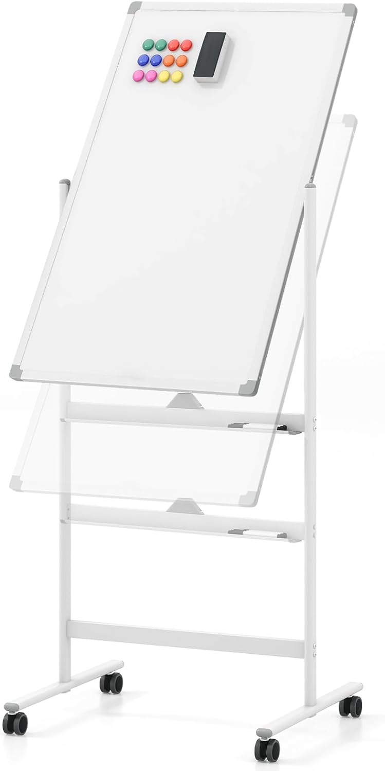 Magnetyczna Tablica Pionowa 60 x 90 cm, Obrotowa o 360°, o Regulowanej Wysokości w 2 Pozycjach, z 4 Kółkami Uniwersalnymi (Biały)