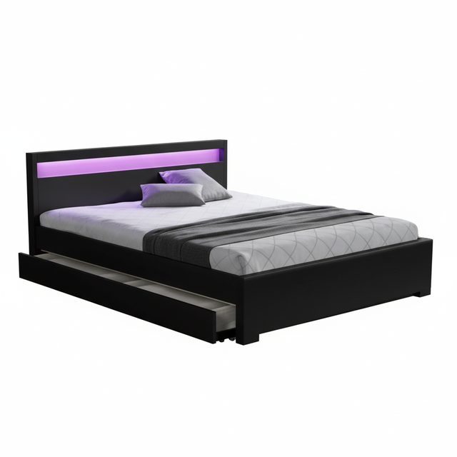 Lit 140x190 avec sommier LED et USB, lit double rembourré avec sommier