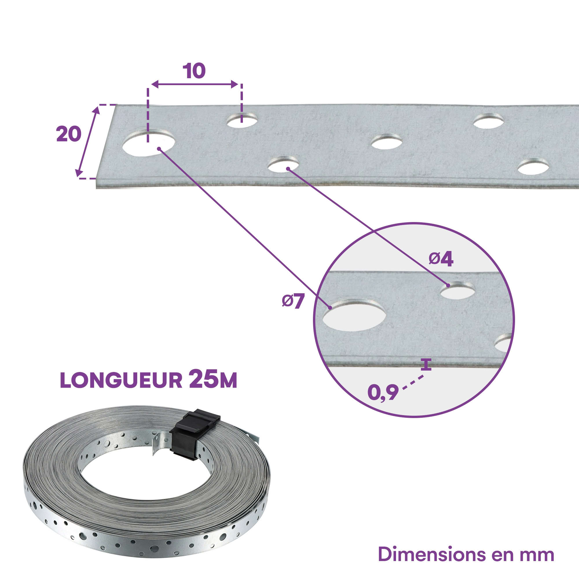Feuillard perforé galvanisée - 20 x 0,9 mm x 25m - 2