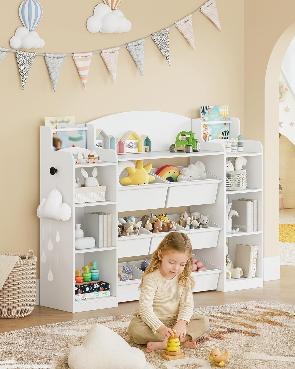 Estante infantil em madeira com 8 caixas em tecido não tecido para quarto de bebé e sala de estar, branca. - 2
