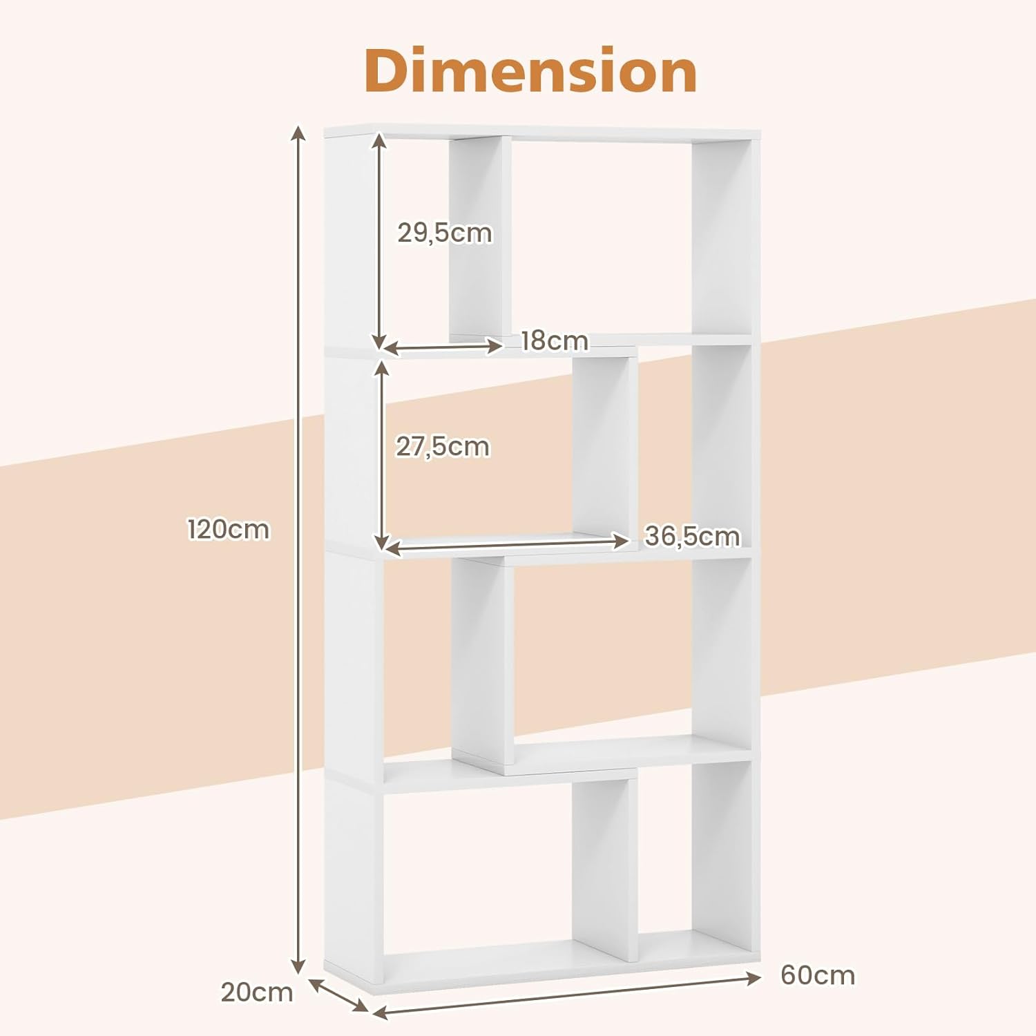 Bibliothèque Étagère à 8 Compartiments Ouvertes, Meuble de Rangement avec Kits Anti-basculement, pour Salon, Bureau, 20x60x120cm, Blanc - 3