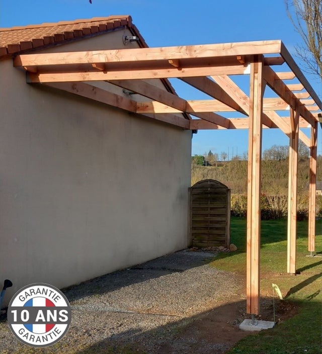 Carport Bois Douglas Français 43 m² – Toit plat adossé – 4 poteaux – Abri camping car extérieur – Garantie 10 ans