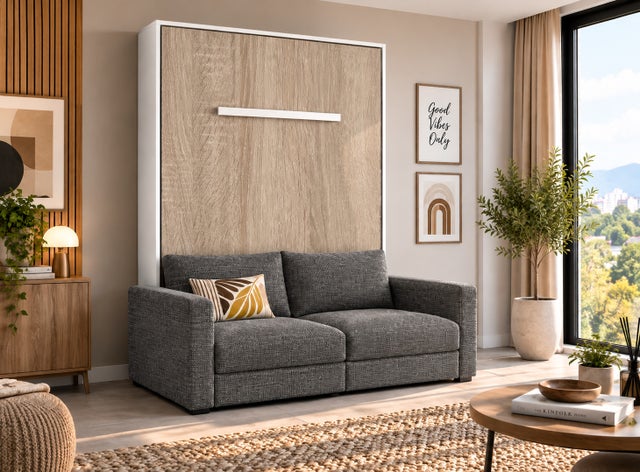 Lit escamotable vertical KIMBER avec canapé tissu intégré-140x190-Cadre Blanc-Façade Chêne clair-Canapé Gris foncé