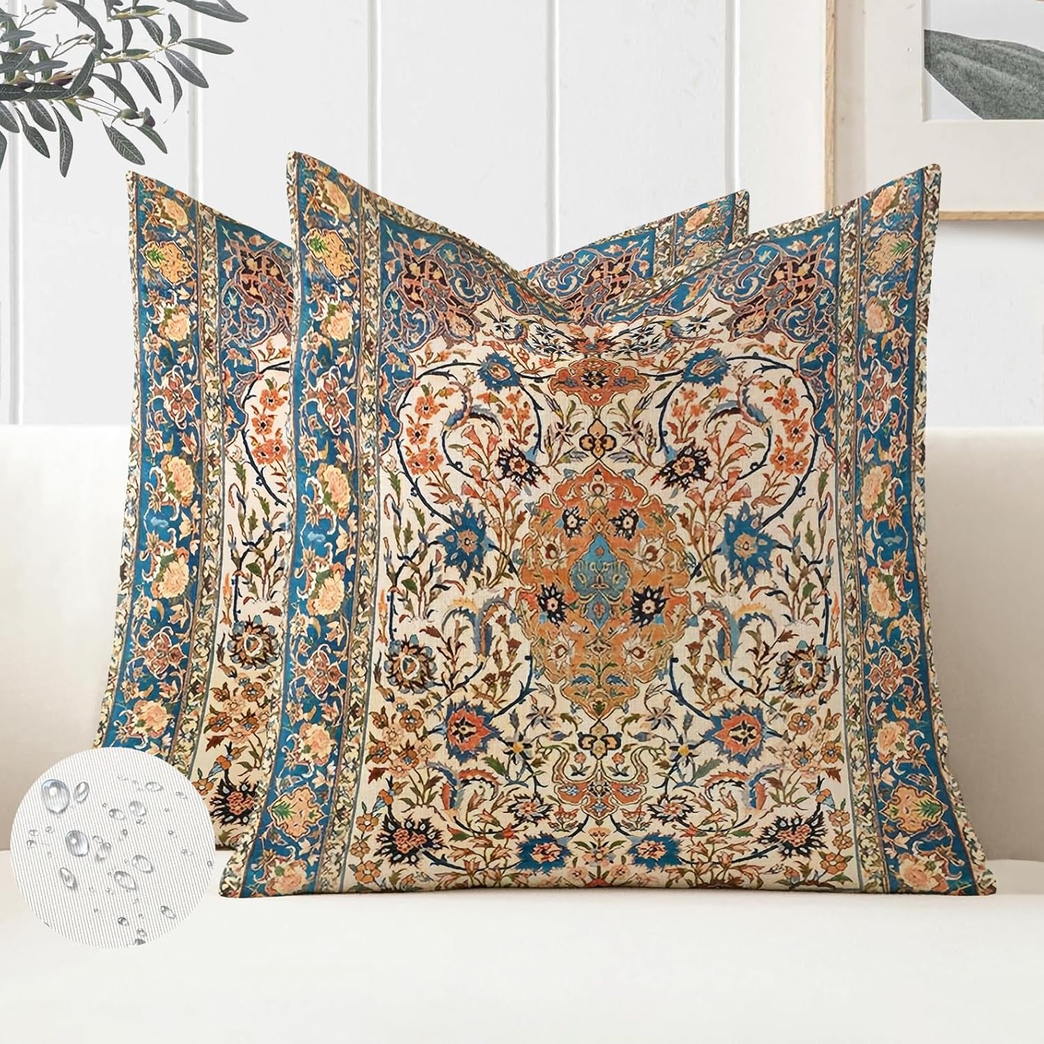 Zestaw 2 poszewek na poduszki w stylu boho, 45x45 cm, do użytku zewnętrznego, z wodoodpornego poliestru, z boho-etnicznym nadrukiem kwiatowym.