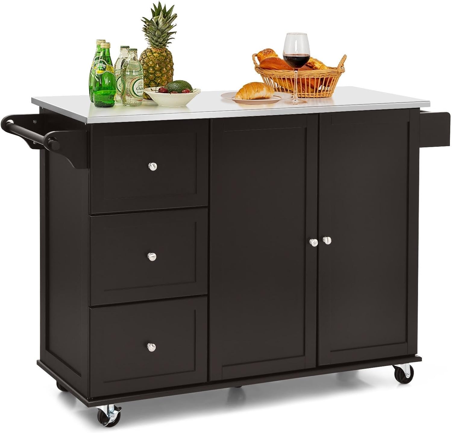 Wózek kuchenny z blatem roboczym ze stali nierdzewnej, wyspa kuchenna z 3 szufladami i regulowaną półką i uchwytem na ręczniki, szafka