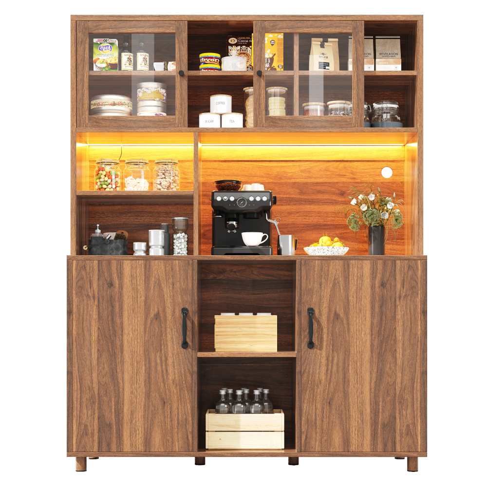 Armoire haute LED 140x40x185cm meuble salon cuisine buffet couleur noyer rétro portes coulissantes en verre rangement - 5