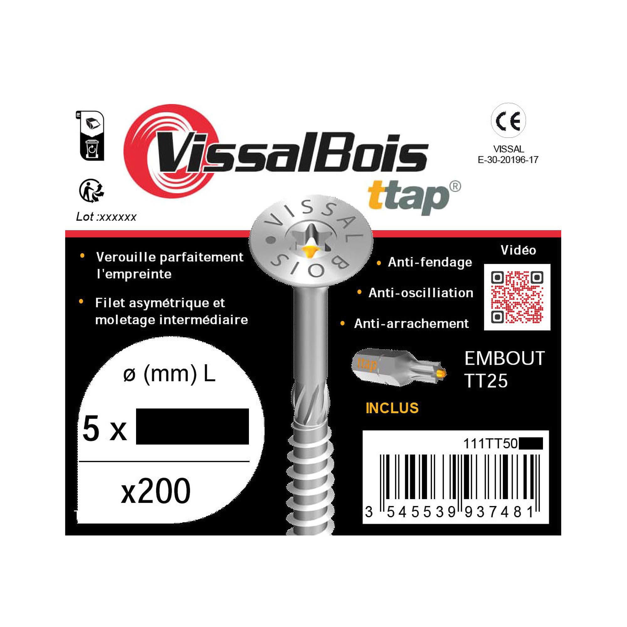 Vis spéciale bois VissalBois zinguée tête fraisée TX 5,0 x 80 mm (boite de 200 vis TX25) - 3