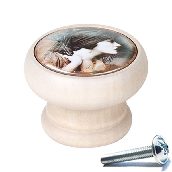 6 Un. bouton poignées de meuble Vintage Retro bois blanc décapé fleur orange - diamètre 40MM - 2